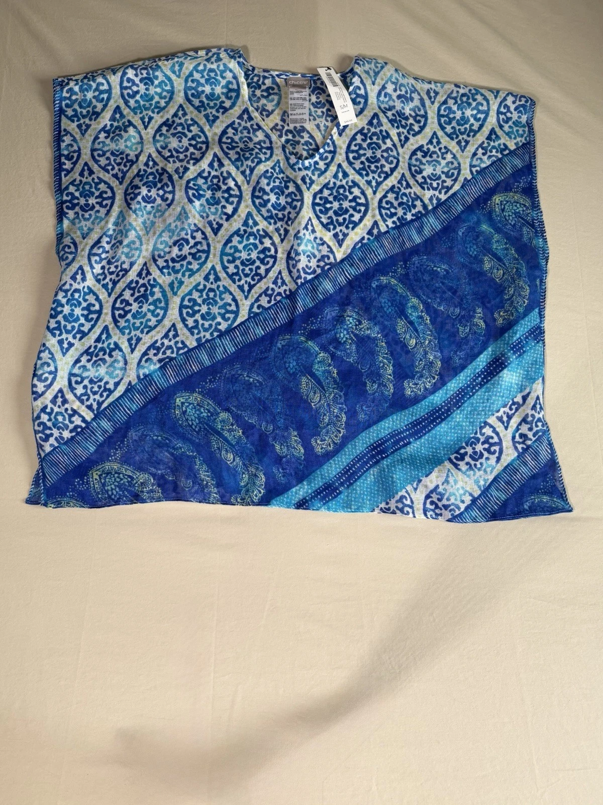 NWT $99 Chico's S/M (XL-1X) Linen Poncho Top Light Flowy Coastal Vacation Travel