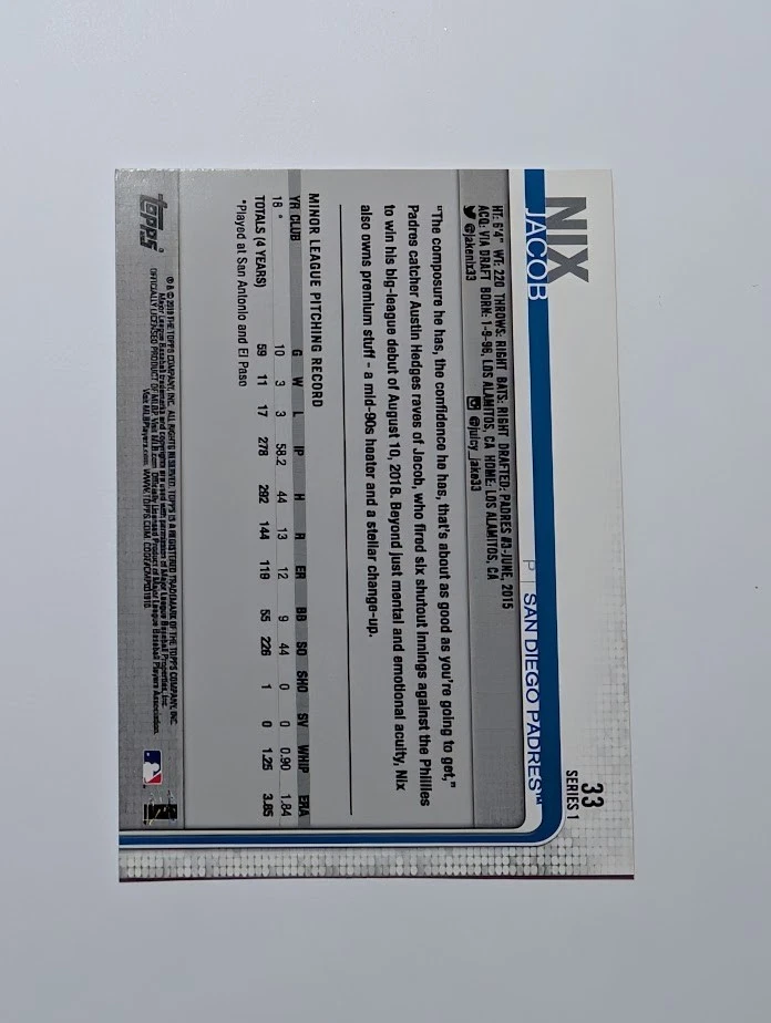 2019 Topps Jacob Nix RC San Diego Padres #33 - Image 2 of 2