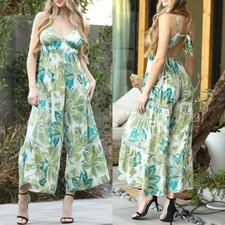 Angie Tropical Wide Leg Jumpsuit, Open Tie Back  Large, Green Floral Boho