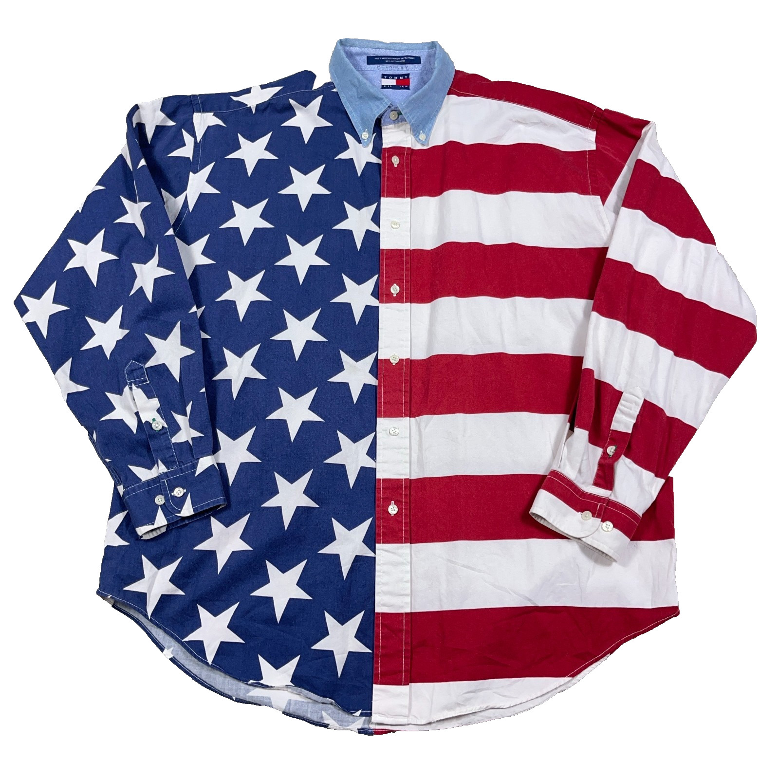 Vintage Tommy Hilfiger Shirt Men Large American Flag Button Up 90s Western AOP *