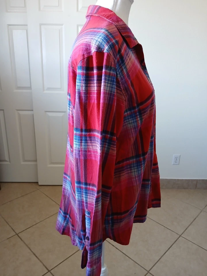 Blusa para mujer Orvis XL roja azul a cuadros manga larga con botones camisa top Foto 3 de 4