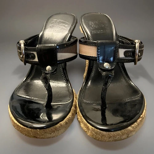 Sandali con zeppa espadrillas Burberry Nova Check neri in pelle verniciata US 5 5 EU 38