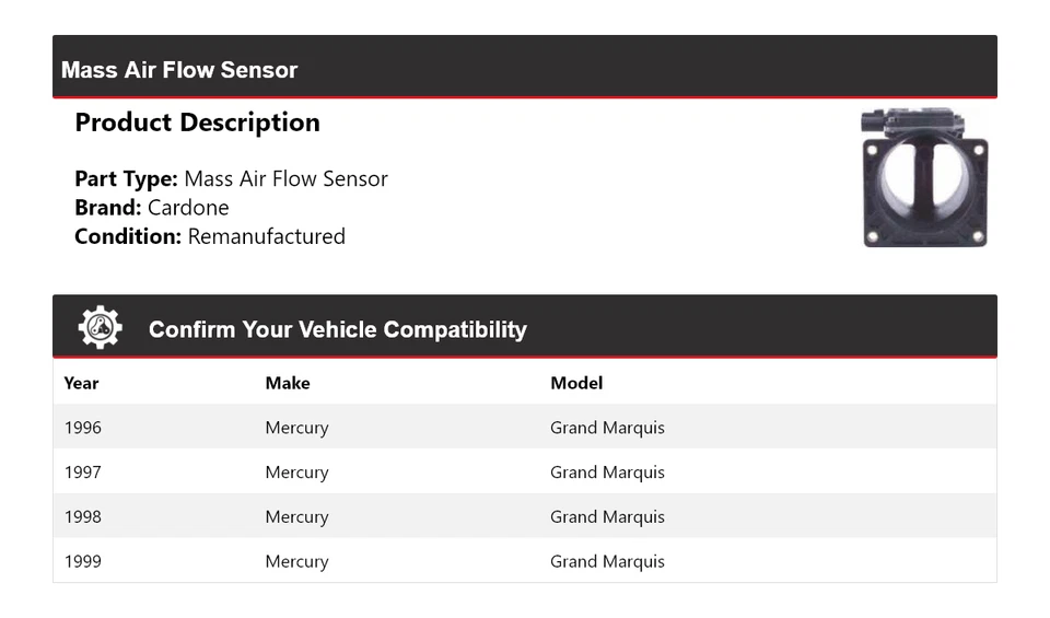 Sensor de flujo de aire masivo Cardone 1997 1998 Mercury Grand Marquis 1996-1999 Foto 2 de 4