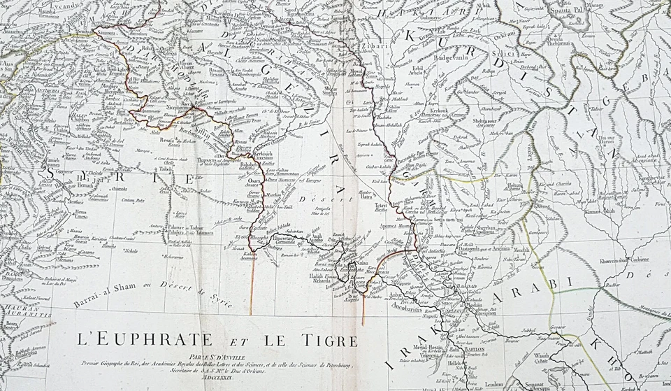 Mapa antiguo grande 1779 J B D Anville del sistema fluvial Tigris-Éufrates Irak Foto 2 de 3
