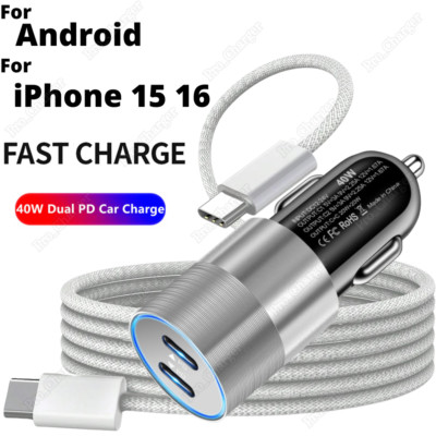 40W Dual USB-C Fast Charger PD TypeC Cable For iPhone 15 16 Pro Max iPad Samsung