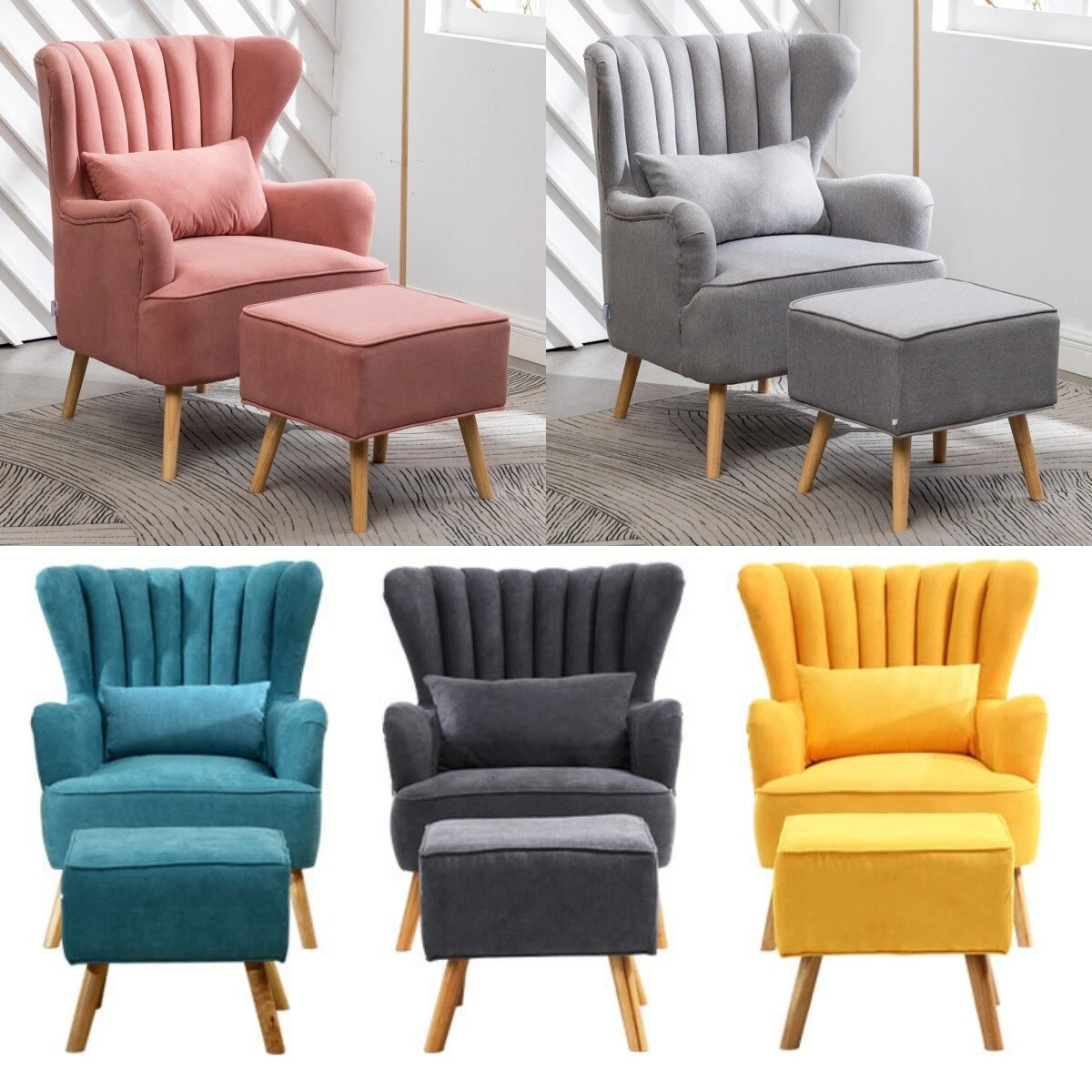 High Scallop Back Queen Anne Wing Back Armchair Fireside Sofa Lounge Chair Stool