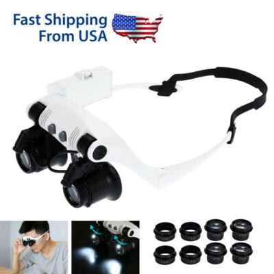 Magnifying Glass Lens LED Light Visor Head Jeweler Magnifier Headband RepairTool