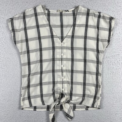 Fat Face Shirt Womens 2 Beige Black Check Tie Waist Top Casual V Neck Minimalist