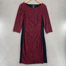 Lauren Ralph Lauren Dress Womens 10 Red Bodycon Ruched 3/4 Sleeve Jersey Stretch