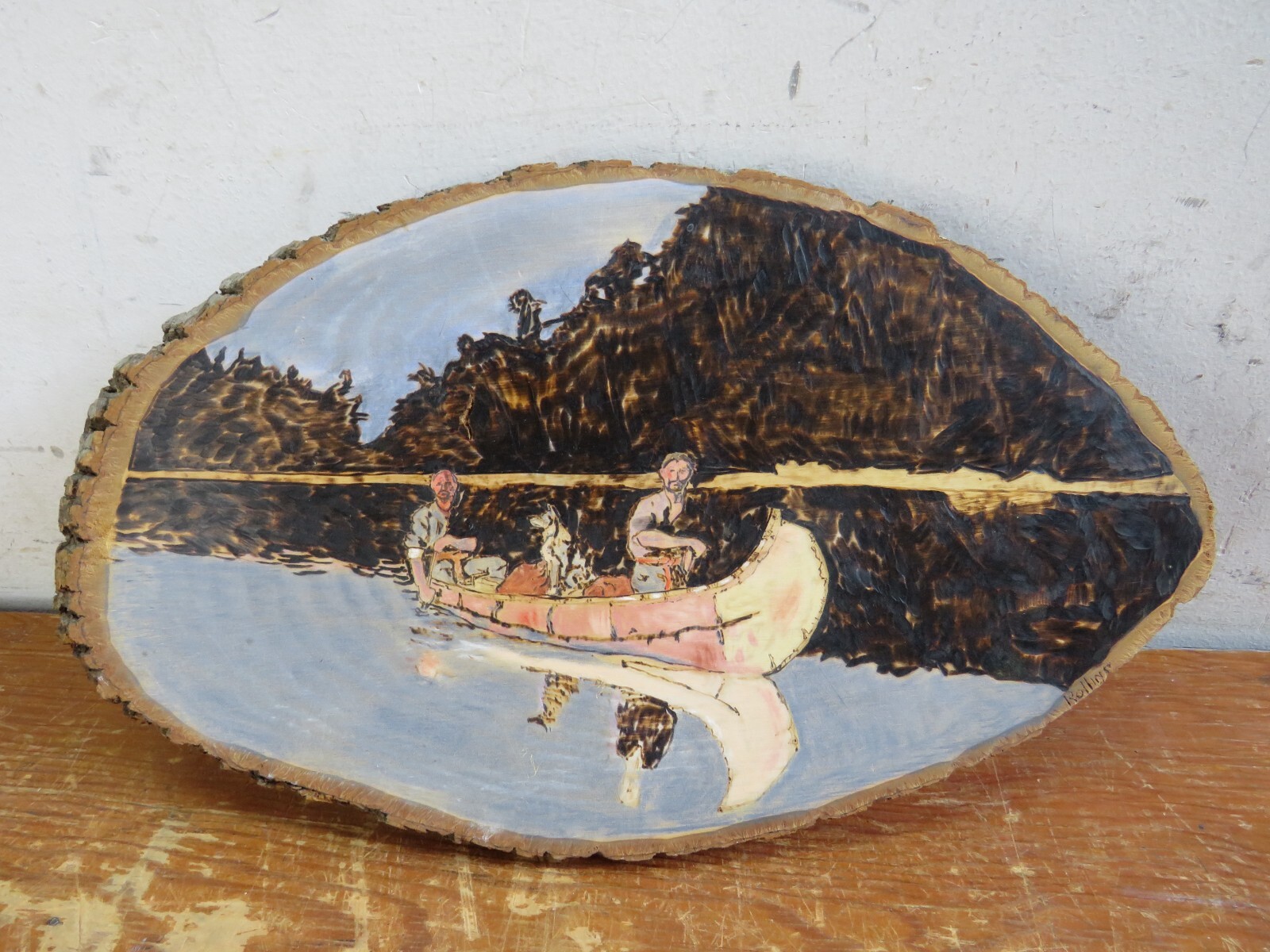 Vintage Wooden Art Canoeing w/ Bark Carving/Burning/Painting 14.5x9