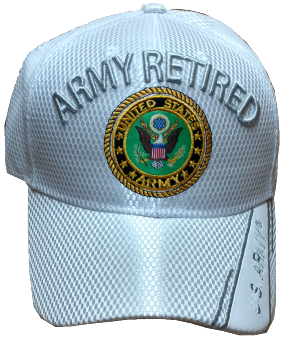 U.S. Army Retired Emblem, (large letters), white mesh hat