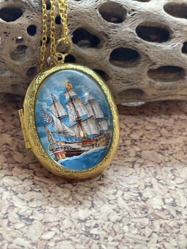Gold Photo Nautical Beach Pirate Ship Sailor Wedding Keepsake Locket Necklace - Picture 3 of 10
