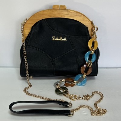 ZARA Bag Womens Black Wood Frame Shoulder Bag Gold Chain Multicolor Resin Strap