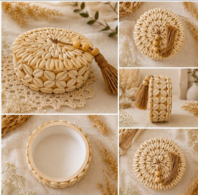 Round Shell Pattern Trinket Box with Lid & Tassel, Coastal Seashell Decor
