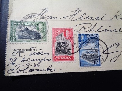1937 Ceylon/Sri Lanka - Postkarte Colombo nach Rheine - 4 Besatzer Briefmarken