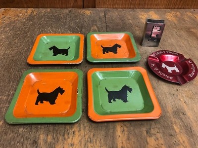 VINTAGE LOT OF 6  MCM SCOTTIE SCOTTISH TERRIER DOG METAL ASHTRAYS / MATCHBOOK