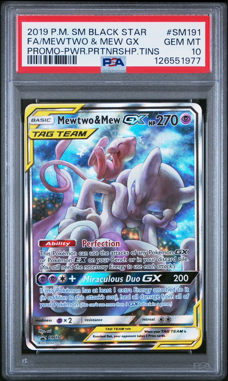 2019 POKEMON SM BLACK STAR PROMO #SM191 FULL ART/MEWTWO & MEW GX PSA 10