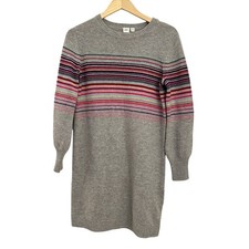 Gap Grey Merino Wool Nylon Blend Crewneck Striped Sweater Dress Size M Petite
