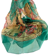 Vintage Green Scarf With Red Roses 33  X 33  1950-1970'S Unbranded