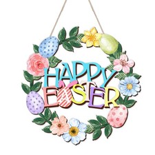 Easter Decorations Wreath Hanging Door Sign Happy Easter Eggs Flowers Leaves Woo