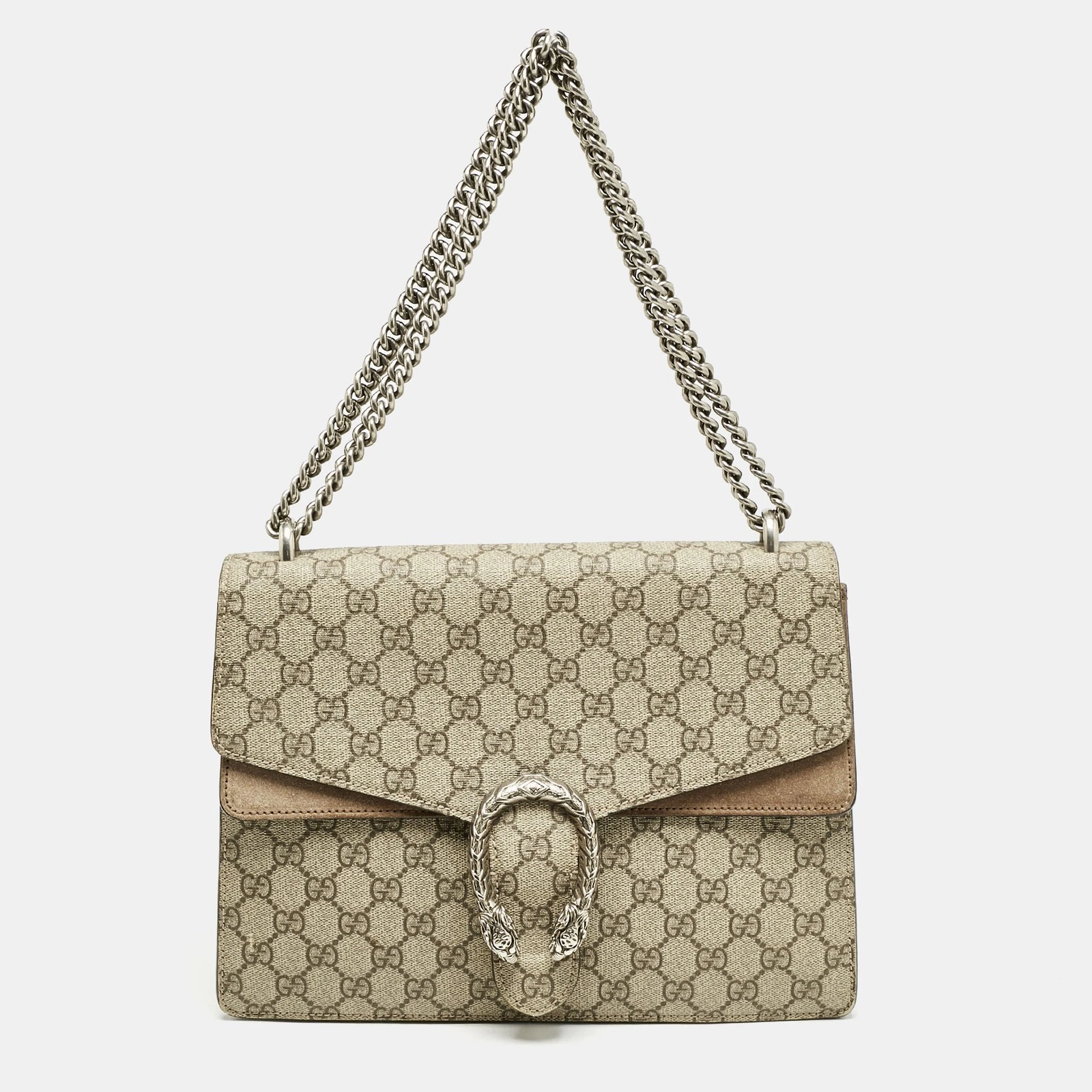 Borsa a tracolla Gucci beige GG Supreme in tela e camoscio media Dioniso