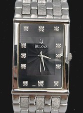 Bulova Diamond Accent 25mm Stainless Steel Black Dial Quartz Men's Watch 96D12