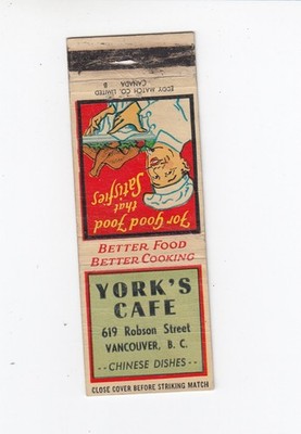 York's Cafe Matchbook Cover Vancouver B.C. Chinese Dishes