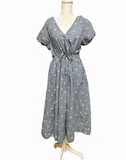 Madewell Blue White Gingham Embroidered Tie Waist V-Neck Midi Dress Size M