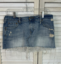Abercrombie Fitch Women's Mini Skirt Demin Lace Y2K Distressed Cut Off Size 6