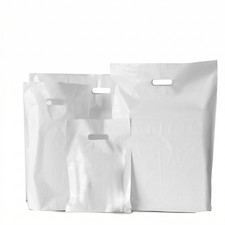 White Plastic Patch Handle Carrier Bags Reusable for Cloths & Gifts