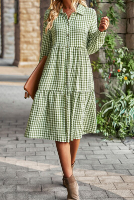 BUTTON DOWN PLAID SWING MIDI DRESS | eBay