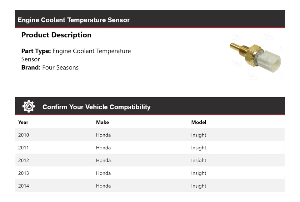 Sensor de temperatura del refrigerante del motor Honda Insight 2010-2014 4 estaciones 2011 Foto 2 de 4