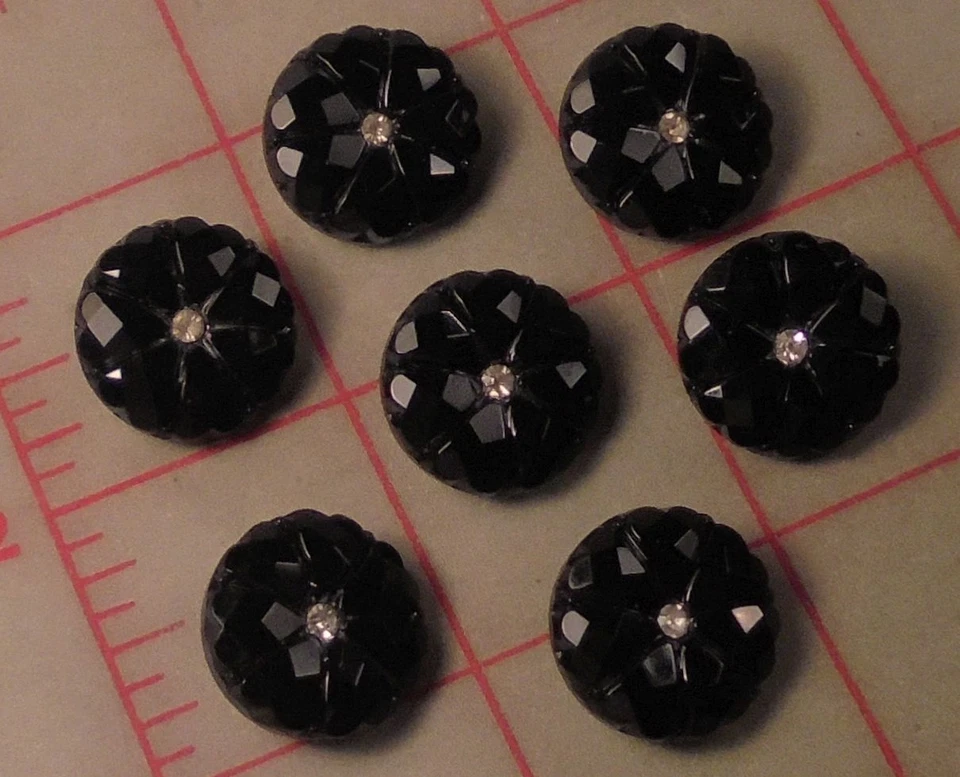 3 Lovely Jet Black Czech Glass Faceted Shank Button Flower Rhinestone Center 521 - Image 2 of 4