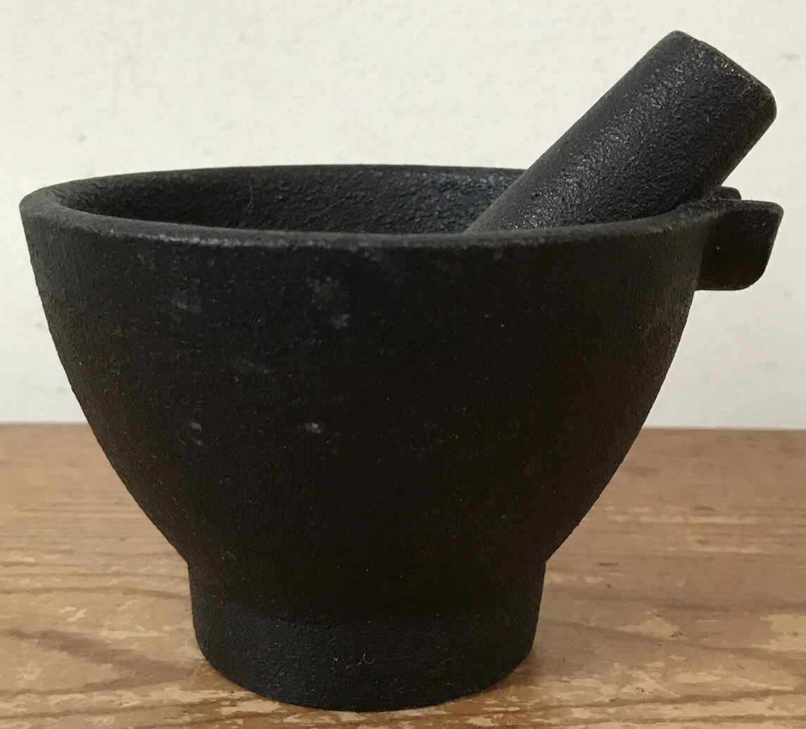Vintage Primitive Style Solid Metal Black Cast Iron Mortar Pestle Set