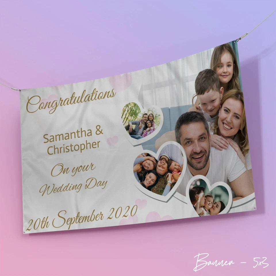 Banner de foto personalizado | Banner de casamento | Aniversário | Fundo grande | Coração rosa - Imagem 3 de 4