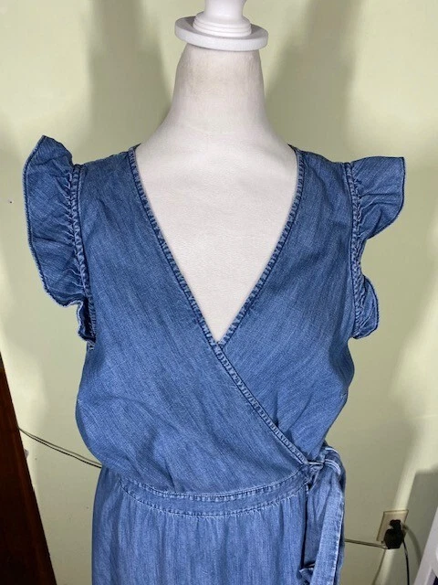 Vestido midi J.Crew Grand Lily feminino azul cambraia envoltório boho hippie minimalista - Imagem 3 de 4