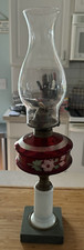 Vntg Antique Hand Painted Ruby Red / Cranberry  Glass Oil Lamp w Milk Glass Base
