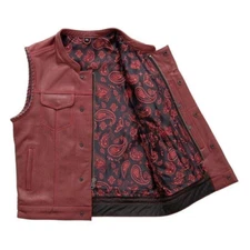 Men's Maroon Leather Motorcycle Club Vest with Paisley Lining - Biker Waistcoat