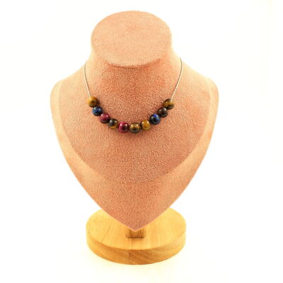 Steine und Mineralien. Halskette 10 Tigerauge Perlen Mehrfarbig 8 mm. kette e