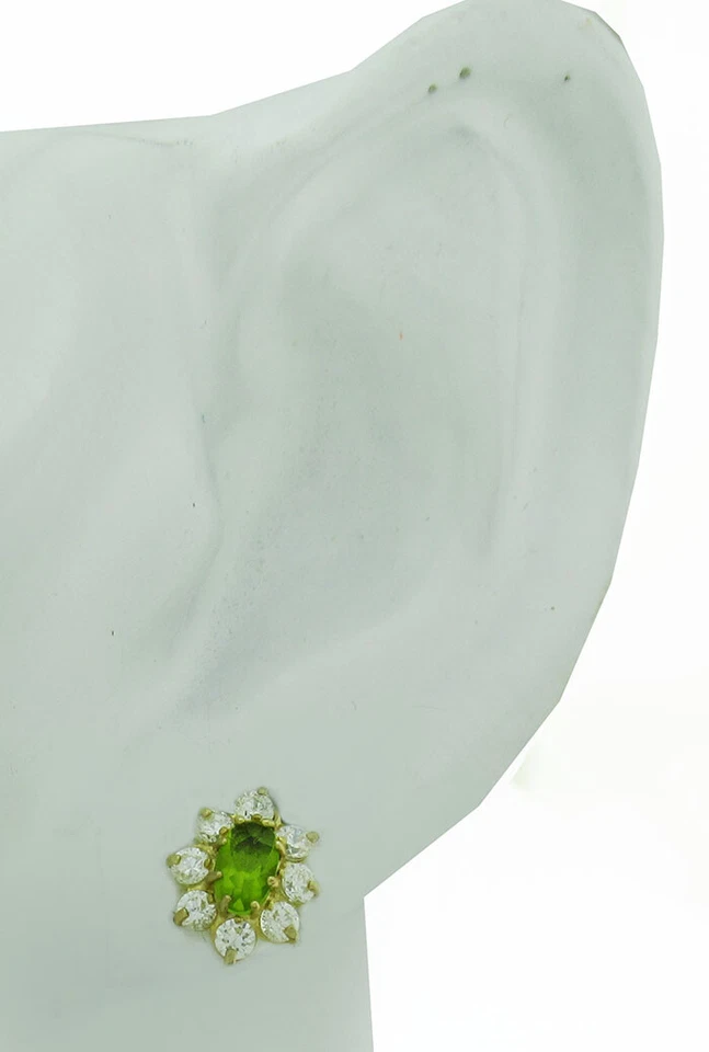 LAB PERIDOT 1.26 Cts & WHITE SAPPHIRE STUD EARRINGS 14K GOLD *** Screw Backs *** - Image 2 of 3