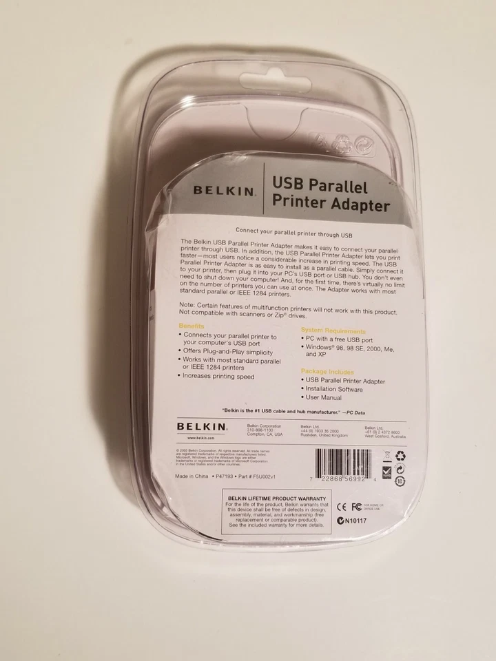 Belkin USB Parallel Printer Adapter w/ Installation Software F5U002v1 New - Image 2 of 2