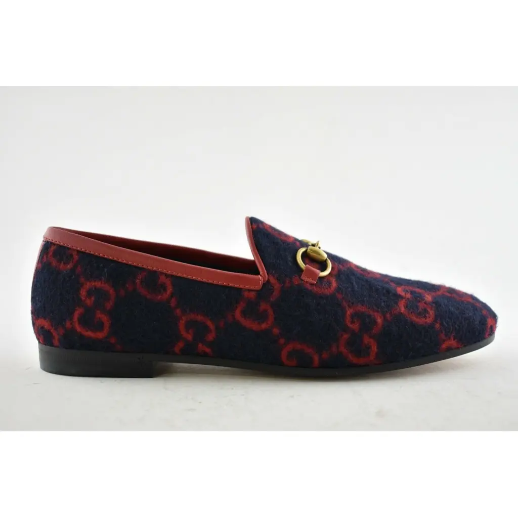 Gucci New Jordaan Wool Blue Red GG Logo Horsebit Loafer Mule
