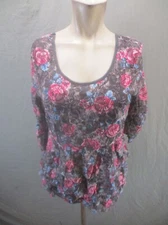 Justify Size L Womens Floral Short Sleeve Round Neck Stretch Tiered Blouse 922