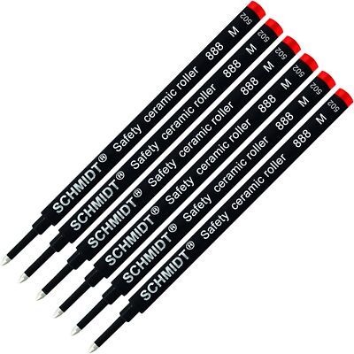 Schmidt 888 Safety Ceramic Rollerball Refill-Red Ink (Medium Tip 0.7mm)- 6 Pack