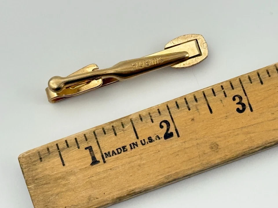 Clip de corbata Swank de colección tono dorado piedra preciosa de vidrio rosa joyería para hombre MCM Art Deco Foto 3 de 3