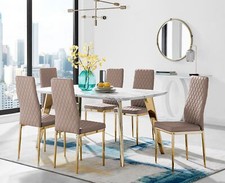 Image of ANDRIA White Marble Effect & Gold Leg Dining Table & 6 Faux Leather Chairs