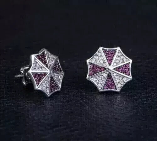 Elegant 14K White Gold Plated Umbrella Stud Pink Ruby Lab-Created Earrings-image