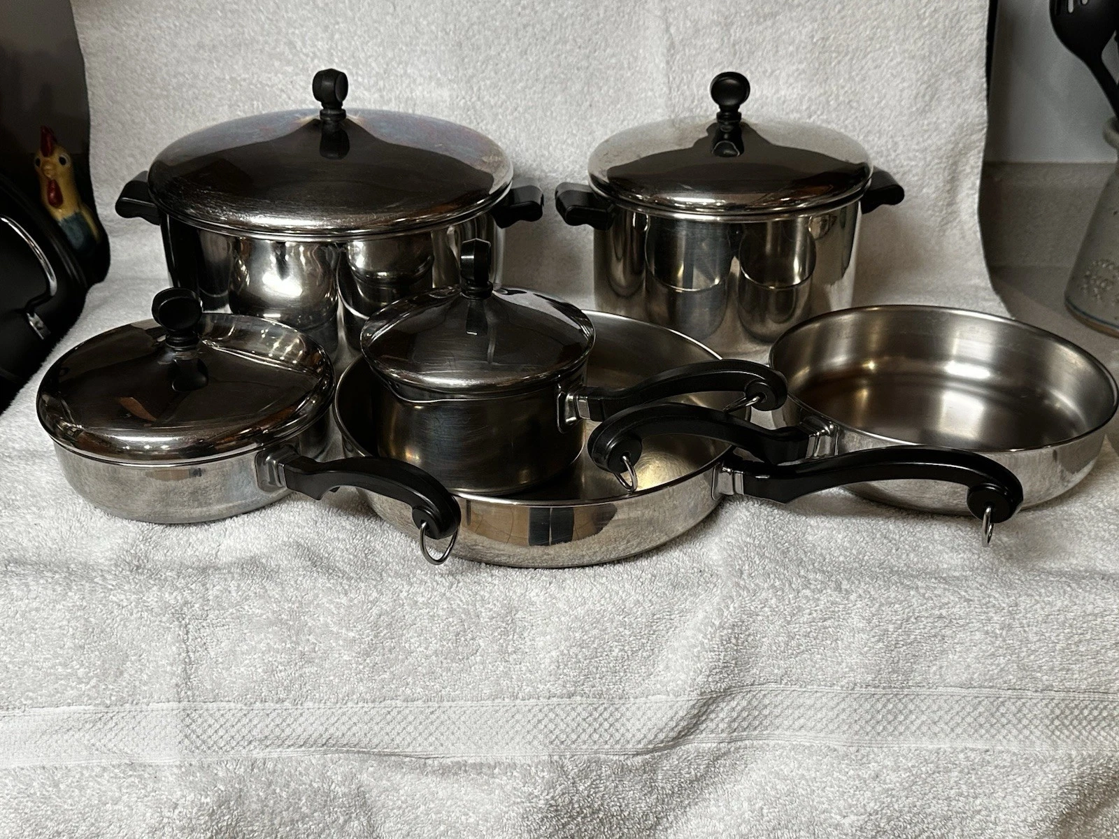 Farberware VTG 10 Piece Cooking Set Alum Clad SS Pots Pans Skillets Lids