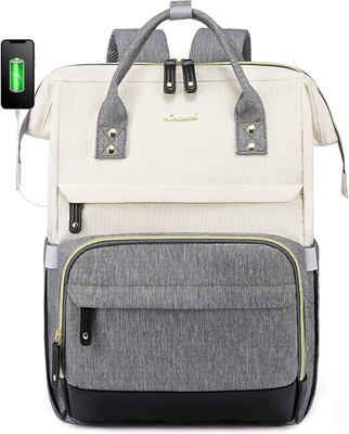 LOVEVOOK Laptop Rucksack Damen, 15,6 Zoll Rucksack Taschen 15,6 Zoll, Beige Grau 