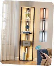  Floor Lamp with Shelves, 5-Tier Glass Display Shelf with Remote/Foot Black